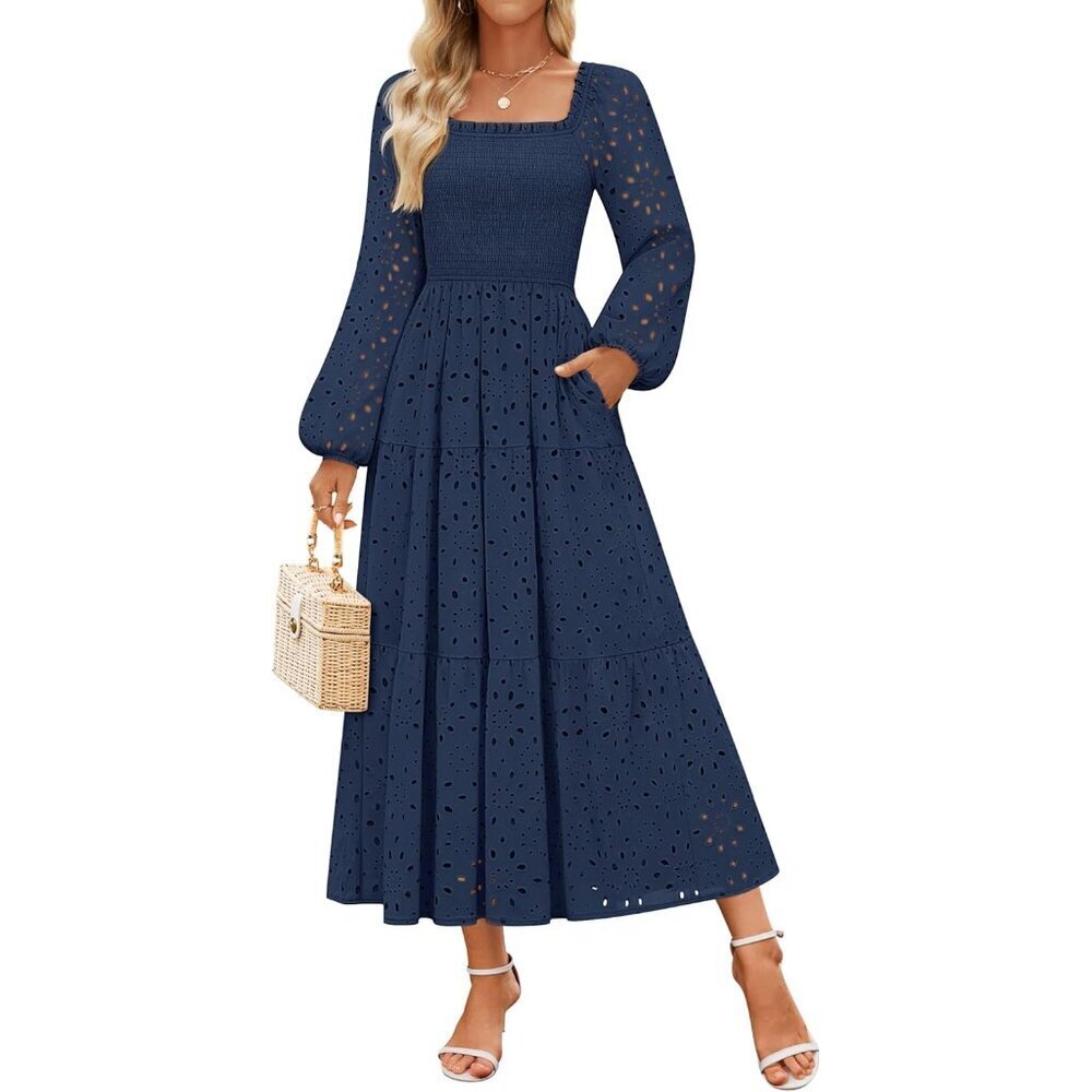Women's Cotton Long Sleeve Maxi Dress Flowy A Line Casual Party